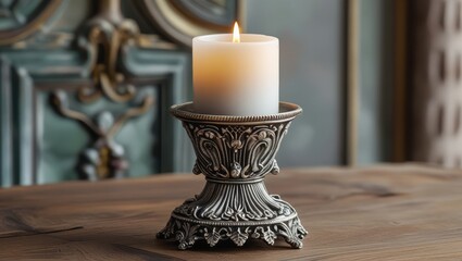 A decorative candleholder with intricate detailing stands on a wooden surface, showcasing a soft, warm glow from a white candle.