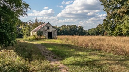 Obraz premium Sun-drenched rural scene with weathered barn and tall grass