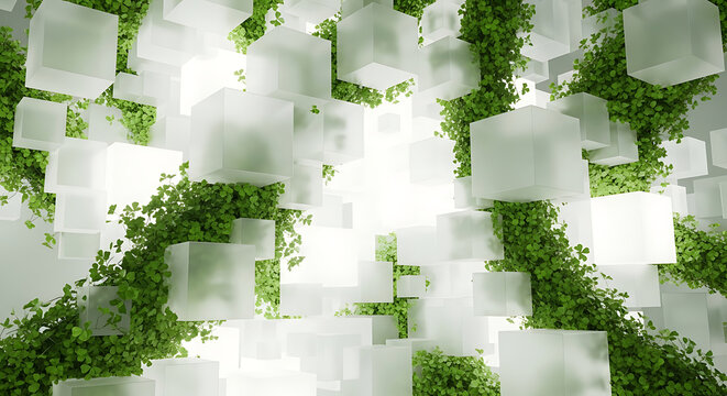 Abstract Cube Forest with Green Clover Vines Growing Around the Shapes Background - Powered by Adobe