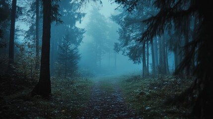 Misty forest path, dark and tranquil