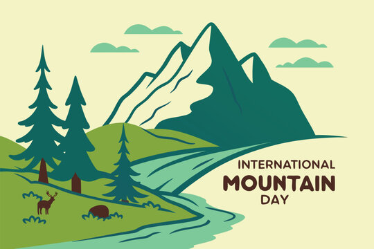 International Mountain Day Vector Illustration with Snow-Capped Mountains, Forests, Rivers, and Wildlife in Modern Minimalist Style