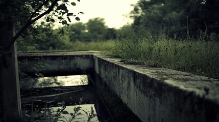 Concrete channel, overgrown with vegetation, reflecting trees