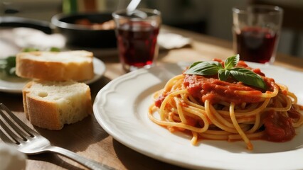 Fototapeta premium A plate of pasta with tomato sauce and basil leaves, accompanied by bread and red wine, fully shows the attractive flavor of Italian cuisine.