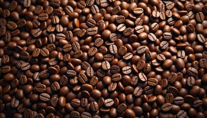 Fototapeta premium Overhead view of a dense pile of roasted coffee beans