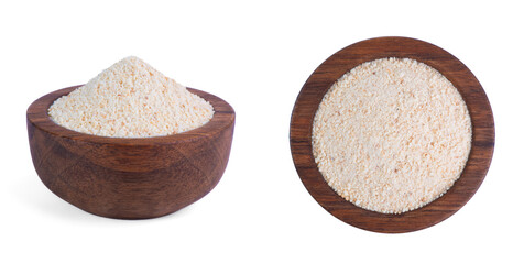 Organic coconut flour isolated on background, healthy gluten-free baking ingredient, natural tropical flour.