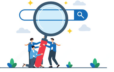 Flat illustration of business people HR push magnifying glass on search bar