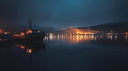 Fototapeta premium A dark harbor at night, with a fishing boat reflected in calm water; city lights on the distant shore