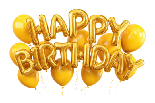 Gold happy birthday party greeting balloon bundle PNG