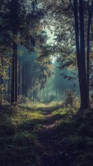 Obraz premium Misty forest path, sunlight filters through trees