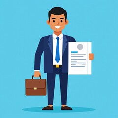 A smiling businessman in a suit holding a document and briefcase, standing.