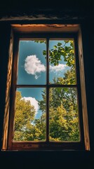 Fototapeta premium Wooden window frame, divided panes, outdoor view. Sunlight streams through, showcasing trees, sky, and clouds