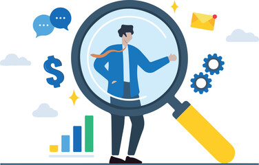Flat illustration of businessman on magnifying glass transparency