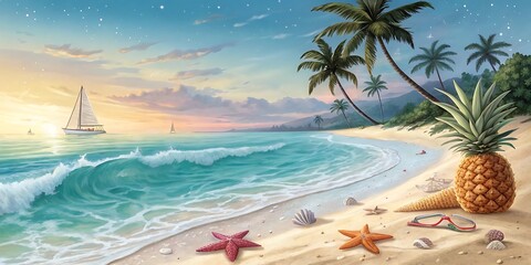 Fototapeta premium Beautiful sun-kissed sand and a palm tree framing a tropical coastline with the turquoise ocean under a clear sky