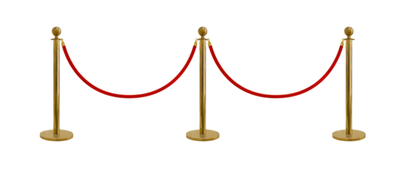 Red velvet rope barrier and 3 golden stanchions poles isolated