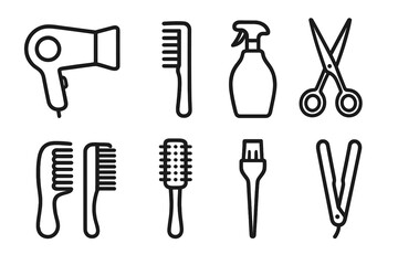 Hair salon and hairdresser tools line icon set. Barber equipment outline vector illustration. Collection of simple icons: hairdryer, comb, scissors, brush, straightener.