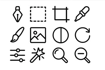 Editing tools icon set. Graphic design interface elements. Simple line art for photo editor app. Vector illustration of crop, pen, brush, zoom, magic wand, eyedropper.