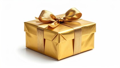 Obraz premium Gold Gift Box with Bow on White Background Celebration Luxury Surprise