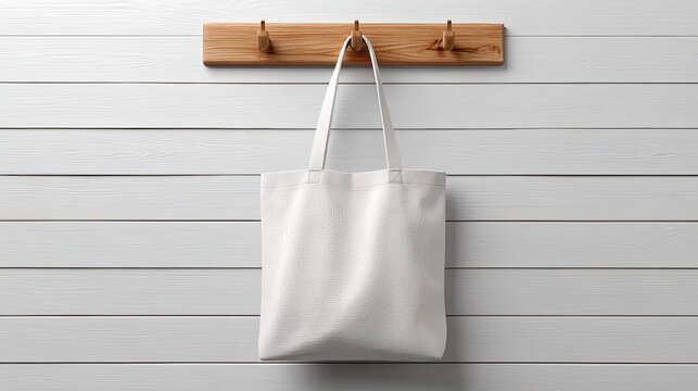 White tote bag on wooden wall hook