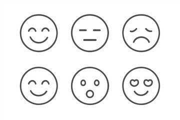Minimalist emoji faces icon set. Linear design emoticon collection. Vector cartoon illustration of smileys with various expressions: happy, sad, love, surprised, neutral.