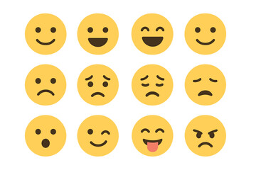 Fototapeta premium Yellow cartoon emoji set. Minimalist flat vector icons with diverse facial expressions. Smileys for customer satisfaction feedback, rating scale, and various emotional moods.