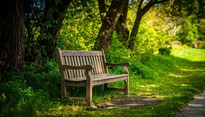 Wooden park bench nestled in shaded green space