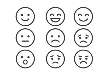 Minimalist emoji set with linear expressions for modern communication. Vector icons for feedback, mood, and customer experience. Smile face simple cartoon collection.