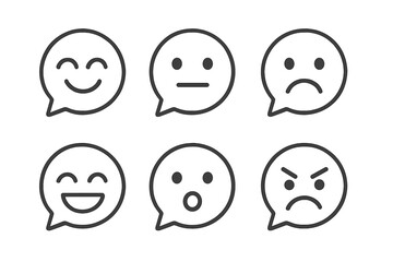 Feedback emoticons in speech bubbles. Line icon set for customer review and satisfaction rating. Vector faces show happy, sad, angry, neutral emotions. Minimalist design.