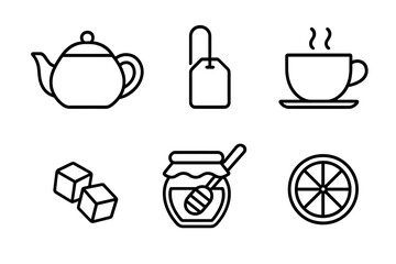 Tea time line icon collection. Minimalist vector set with teapot, teabag, hot cup, sugar cubes, honey jar, and lemon slice. Isolated graphic elements for beverage design.