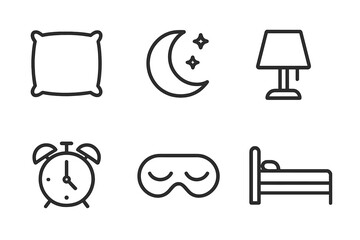Sleep icons set. Minimalist line art collection with pillow, moon, lamp, alarm clock, eye mask, bed. Vector graphic symbols for bedtime routine, rest, good night, dreaming.