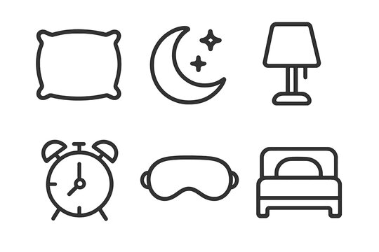 Minimalist sleep essentials line icon set. Vector symbols for bedtime, relaxation, and healthy sleep routine. Includes pillow, moon, lamp, alarm clock, sleep mask, and bed.