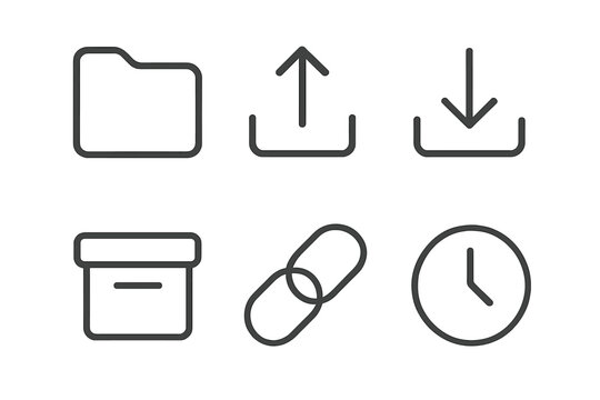 Minimalistic interface icons set including folder, upload, download, archive, link, and clock symbols, vector cartoon illustration with transparent background, ordered simple element collection