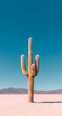 A solitary cactus stands tall against a clear blue sky, showcasing the beauty of desert landscapes.