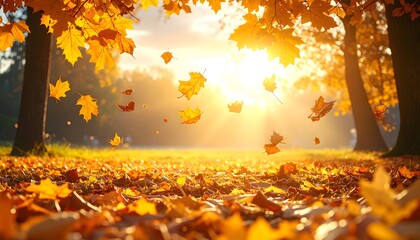 Vibrant autumn foliage with falling leaves against a backdrop of beautiful golden hour sunlight in a peaceful forest