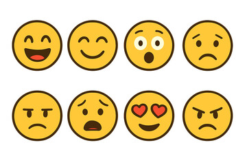 Fototapeta premium Set of eight expressive emoji faces showing various emotions and moods, vector cartoon illustration with transparent background, emotional icons collection, digital faces set