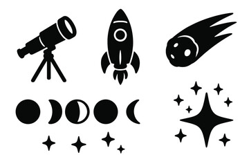 Silhouette planetary icons set with telescope, rocket, comet, moon phases, shining stars, space exploration vector cartoon illustration, transparent background