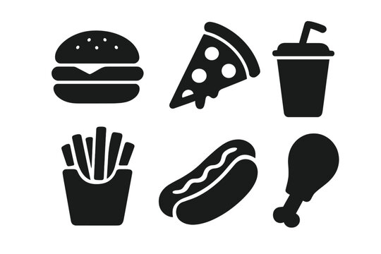 Silhouette icons of fast food favorites including burger, pizza slice, soft drink, fries, hot dog, and chicken drumstick vector set, black cartoon food illustration
