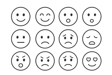 Simple line art emoji set depicting diverse human emotions, expressive faces, vector cartoon illustration, transparent background, ordered emotional icons collection, mood symbols