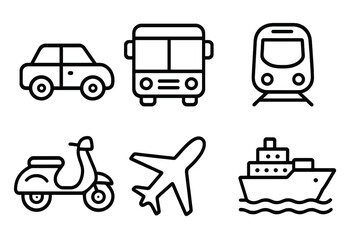 Simple linear transportation icons set including car, bus, train, scooter, airplane, and ship. Vector cartoon illustration with transparent background, urban and travel transport symbols collection