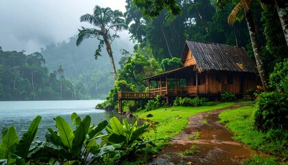 Tranquil cabin by a misty lake