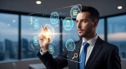 Businessman interacting with futuristic digital interface and icons