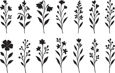 Naklejka premium Botanical Elegance: A collection of elegant black silhouette flower illustrations on bright background, each delicate bloom showcases nature's artistry.