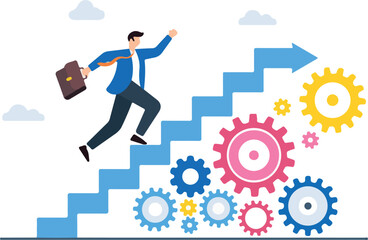Flat illustration of businessman running up stair on cogwheel gears system