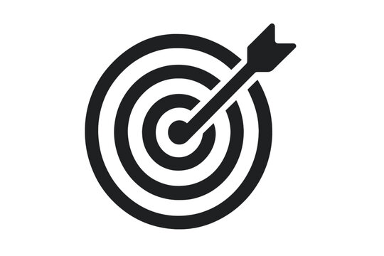 Target icon silhouette with arrow hitting bullseye, accuracy symbol, precise aim concept, vector cartoon illustration, transparent background, goal achievement, success marker