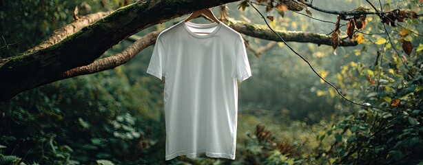 Blank white t-shirt hanging on a branch in a forest