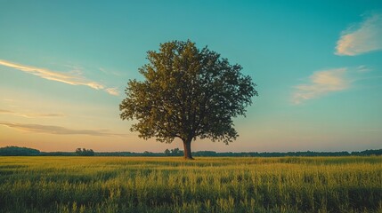 Obraz premium Solitary tree in a golden field at dawn. Soft, pastel colors blend into a tranquil scene
