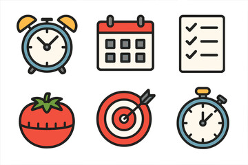 Obraz premium Time management icons set with alarm clock, calendar, checklist, pomodoro timer, target, stopwatch, productivity concepts, cartoon style vector illustration, transparent background
