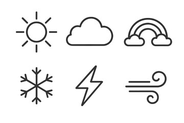 Weather icons set including sun, cloud, rainbow, snowflake, lightning, and wind in simple line art style, vector cartoon illustration with transparent background, ordered collection for weather design