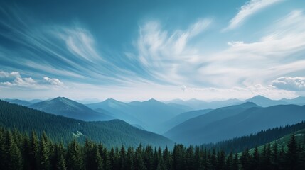Obraz premium Expansive mountain range under a vibrant sky with wispy clouds. Lush green forests at the foreground frame a distant mountain vista