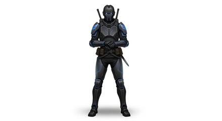Fototapeta premium Shadow Sentinel: A mysterious figure clad in futuristic battle armor stands in a pose of unwavering focus, armed and prepared.