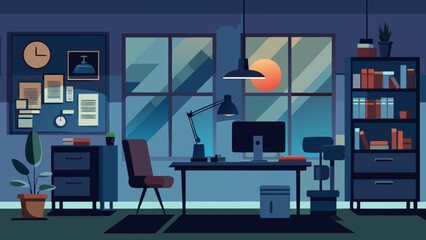 Illustration of a modern office interior with desk and sunset city view window